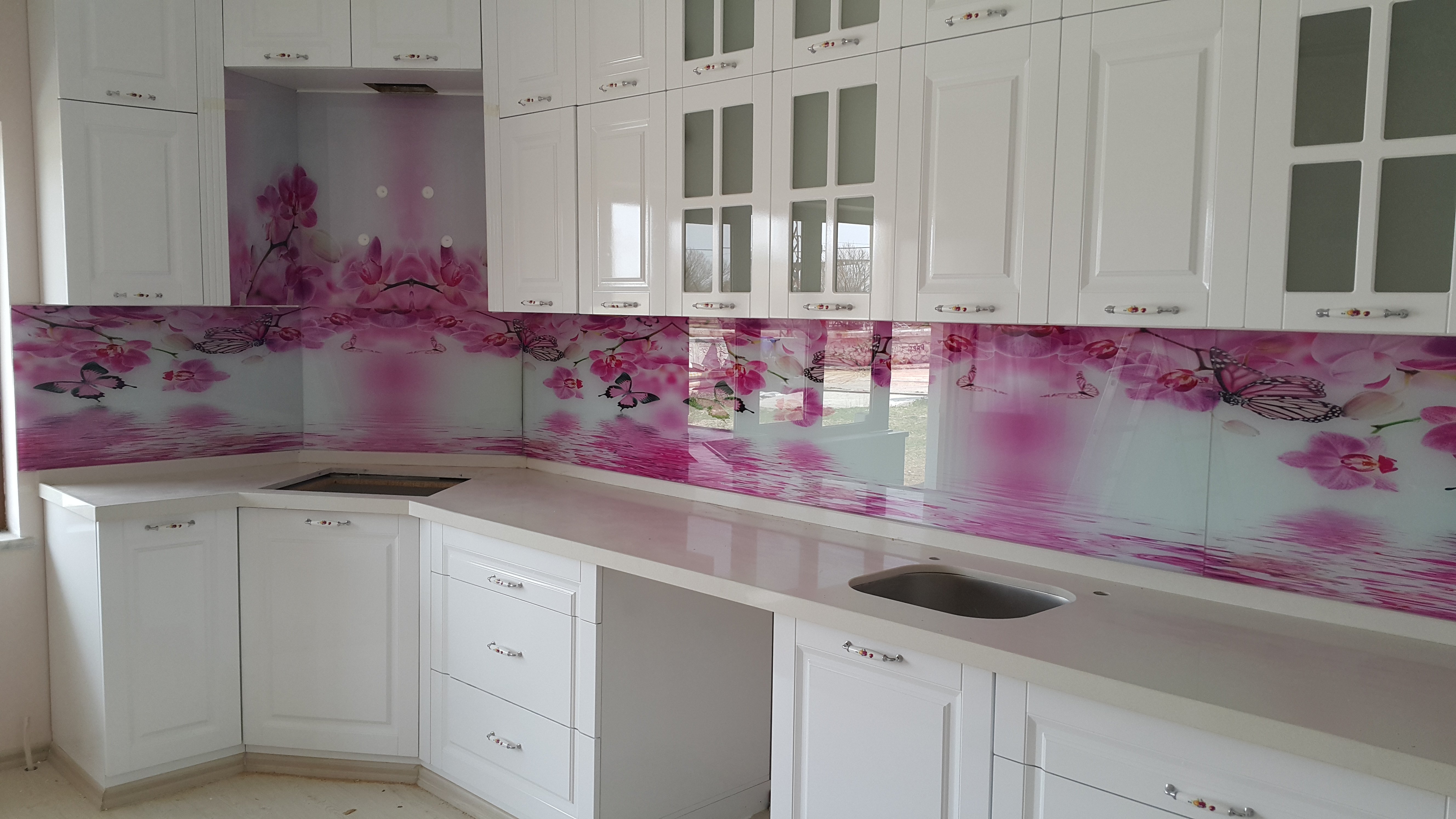 3d Mutfak Tezgah Arası Pembe Çiçekli